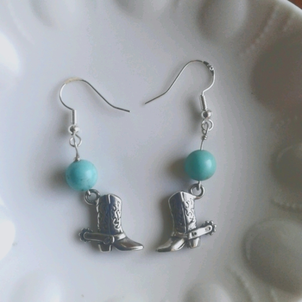 Sterling Silver Cowboy boots and blue stone earrings